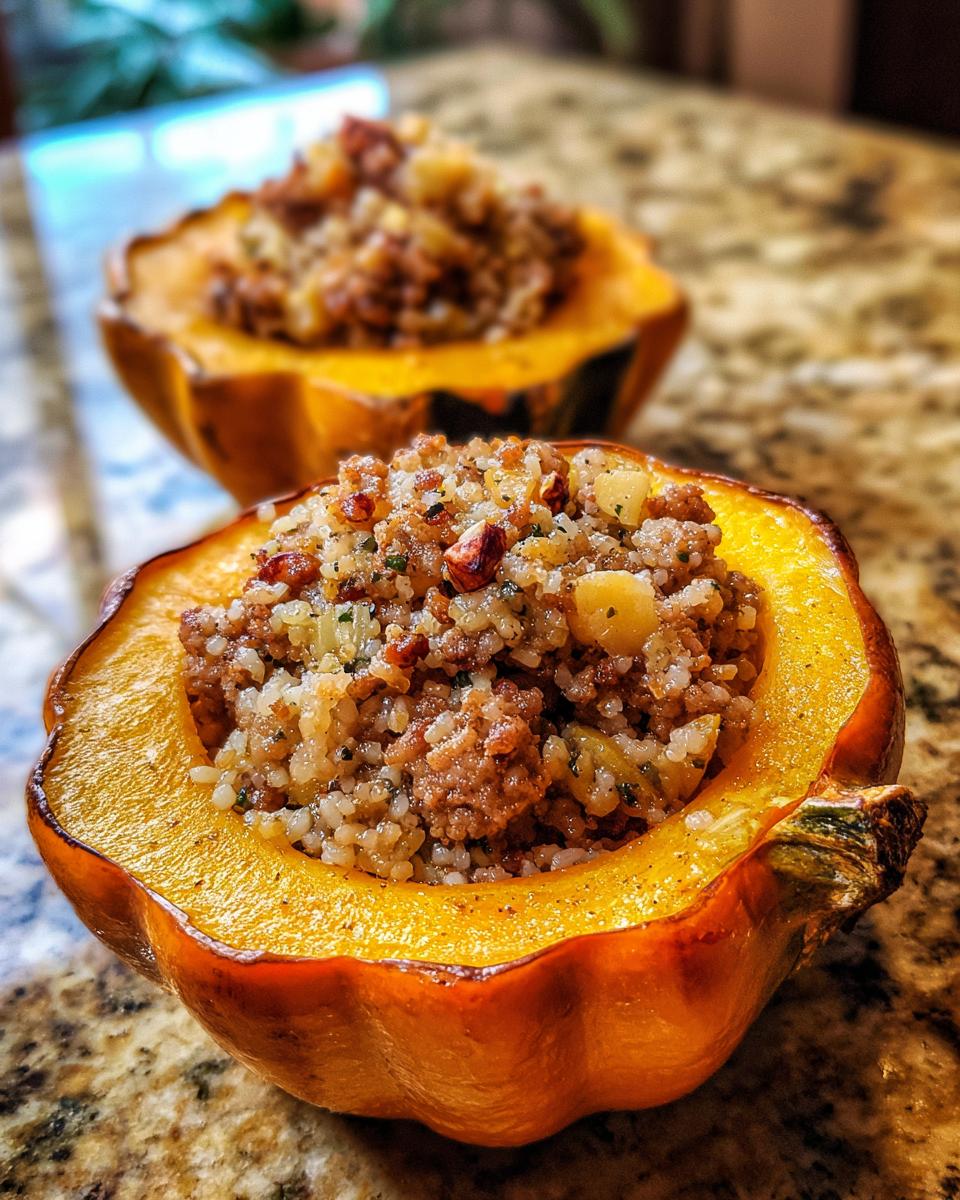 Close-up of a halved, roasted acorn squash filled with a savory mixture of rice, ground meat, and nuts, prepared as stuffed acorn squash.