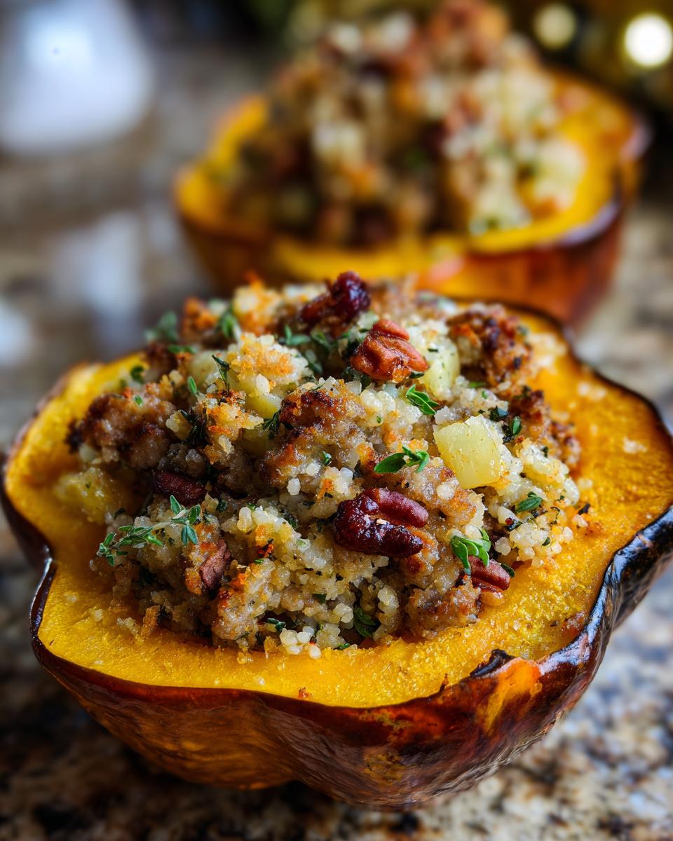 Close-up of a baked acorn squash half filled with savory stuffing, pecans, and herbs, a perfect stuffed acorn squash.