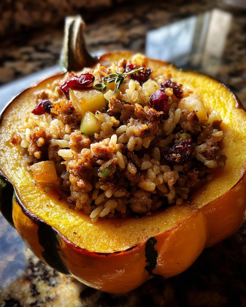 Close-up of a baked acorn squash half filled with savory stuffing, featuring rice, ground meat, dried cranberries, and a thyme sprig for garnish. This is a perfect stuffed acorn squash.