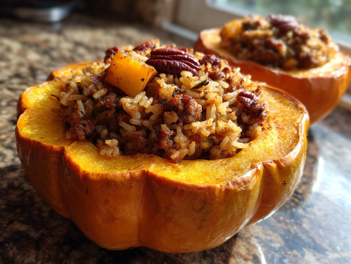 Close-up of a baked stuffed acorn squash filled with rice, ground meat, and topped with a pecan.
