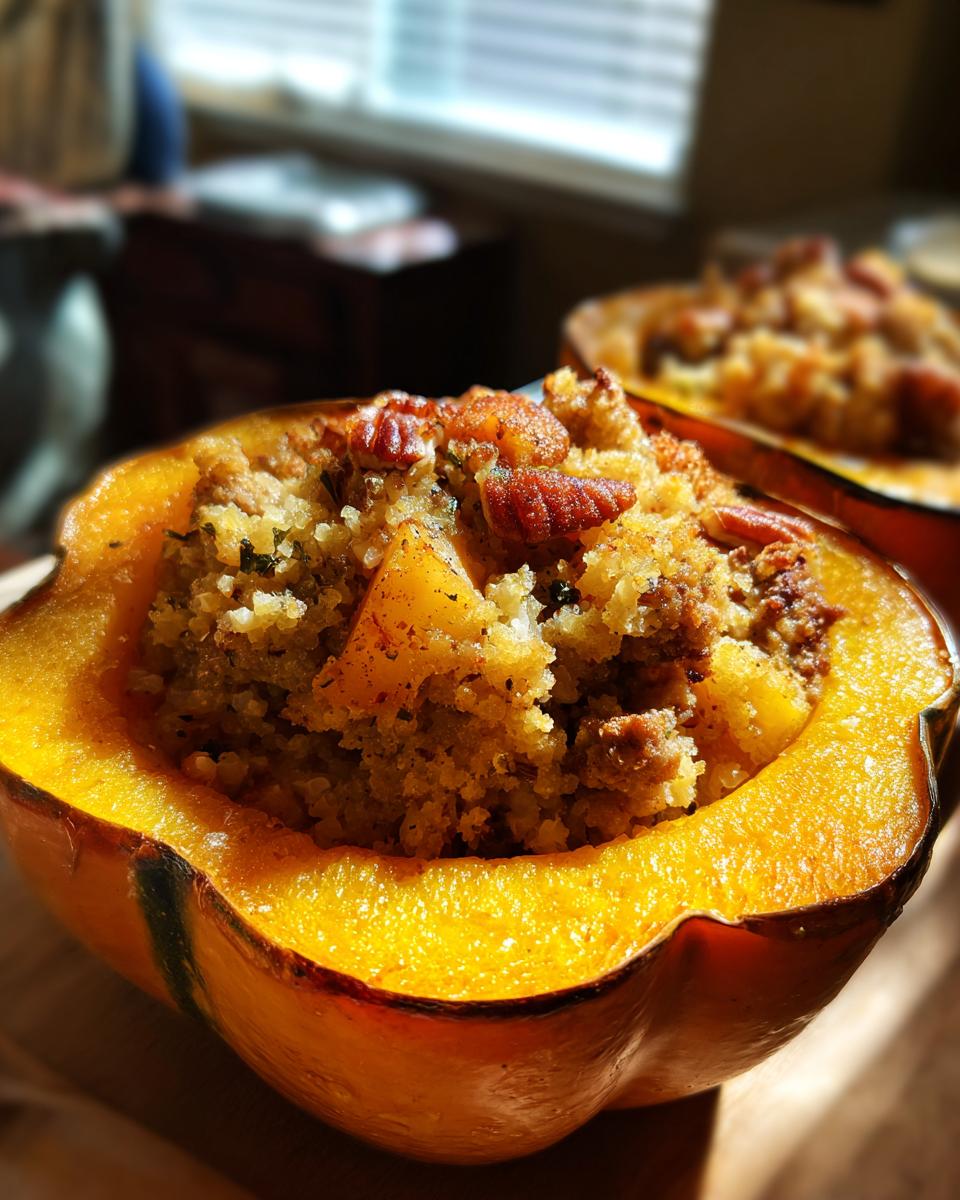 A close-up, sunlit view of a baked stuffed acorn squash half filled with savory stuffing and topped with pecans.