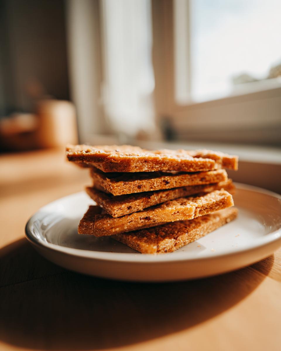 A stack of golden brown, rectangular homemade cheese crackers resting on a small white plate near a window.