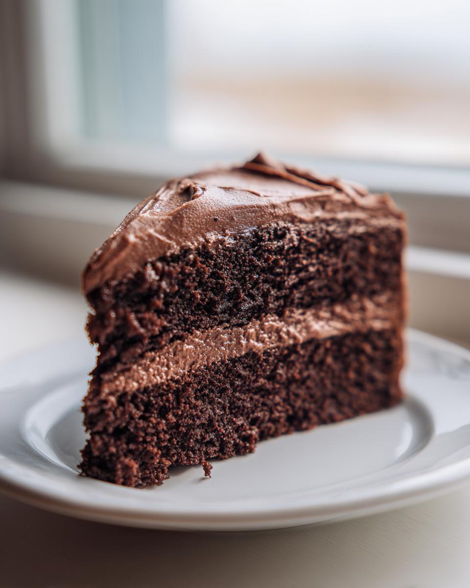 A rich slice of homemade chocolate cake with two layers and thick chocolate frosting, served on a white plate.