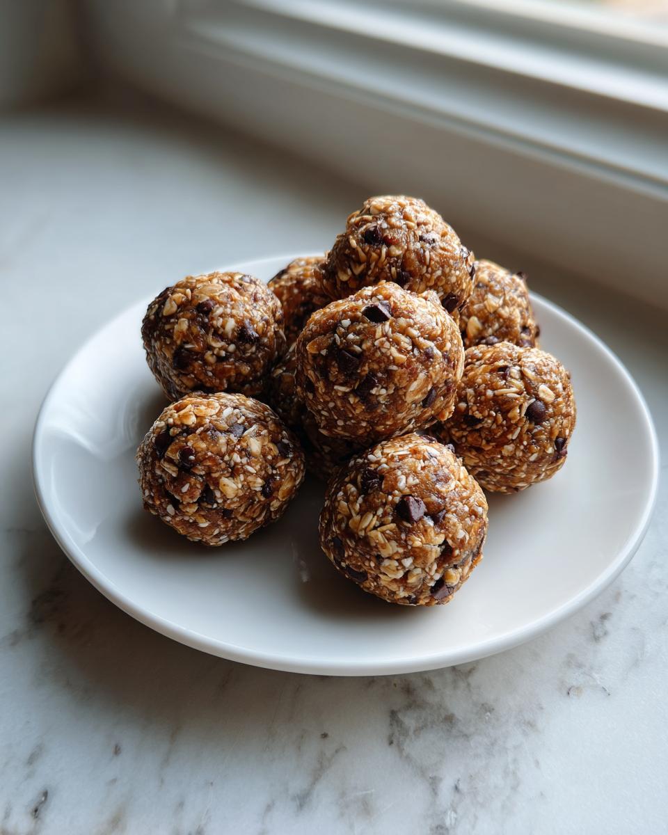 A stack of homemade chocolate chip protein balls resting on a small white plate near a window.