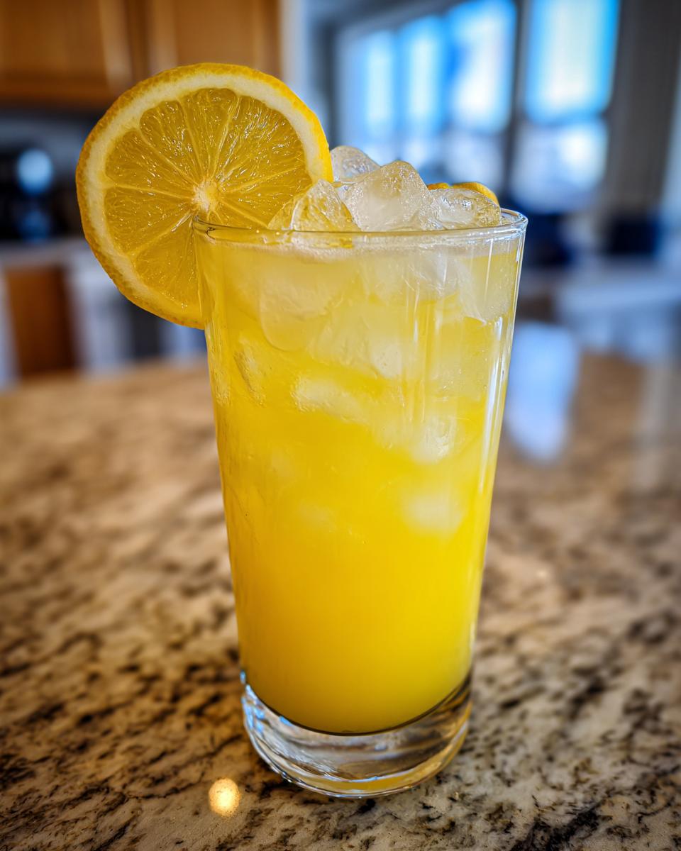 Close-up of a tall glass filled with ice and bright yellow homemade lemonade, garnished with a fresh lemon slice.