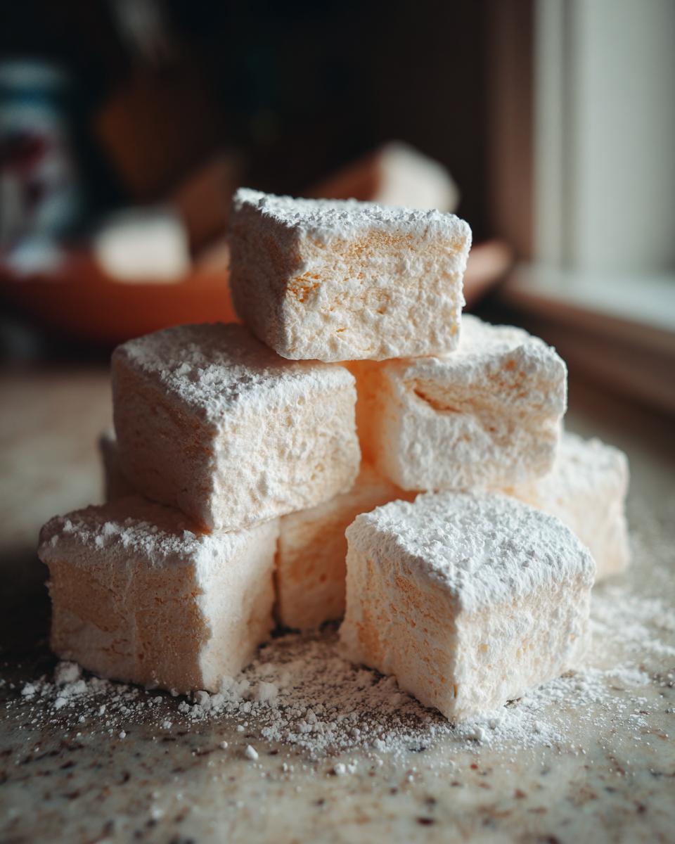A stack of freshly cut homemade marshmallows generously dusted with powdered sugar on a speckled countertop.