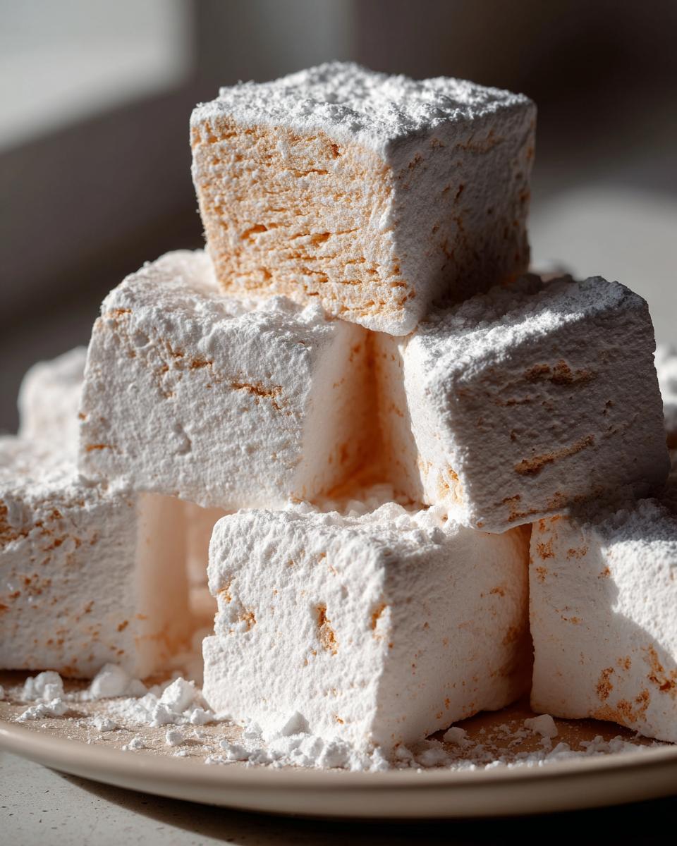 A close-up stack of fluffy, square homemade marshmallows heavily dusted with white powdered sugar.