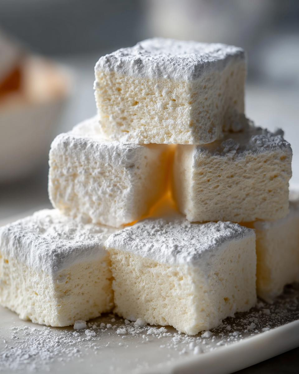 Close-up of fluffy homemade marshmallows stacked on a white surface, generously dusted with powdered sugar.