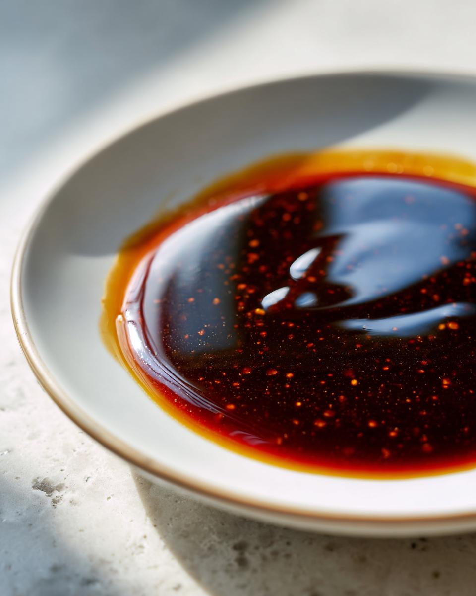 Close-up of thick, glossy homemade teriyaki sauce with visible spice flecks in a light ceramic dish.