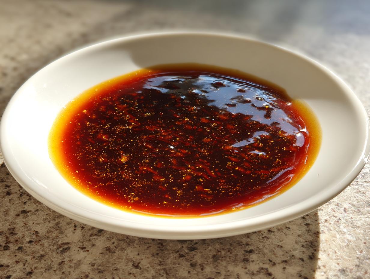 Glossy, dark brown homemade teriyaki sauce with visible specks, served in a small white dipping bowl.