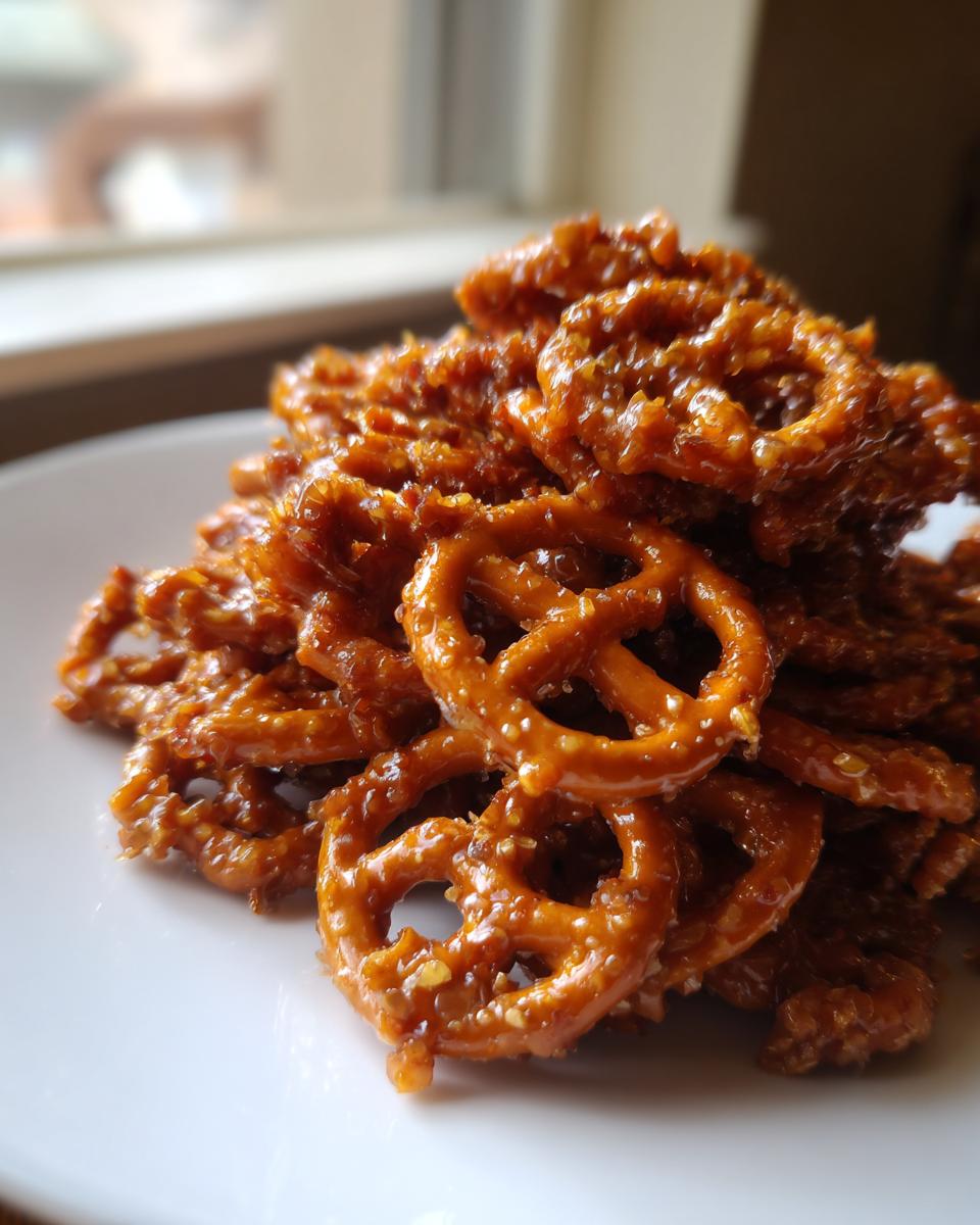 A close-up of a pile of shiny, glazed toffee pretzels stacked on a white plate.