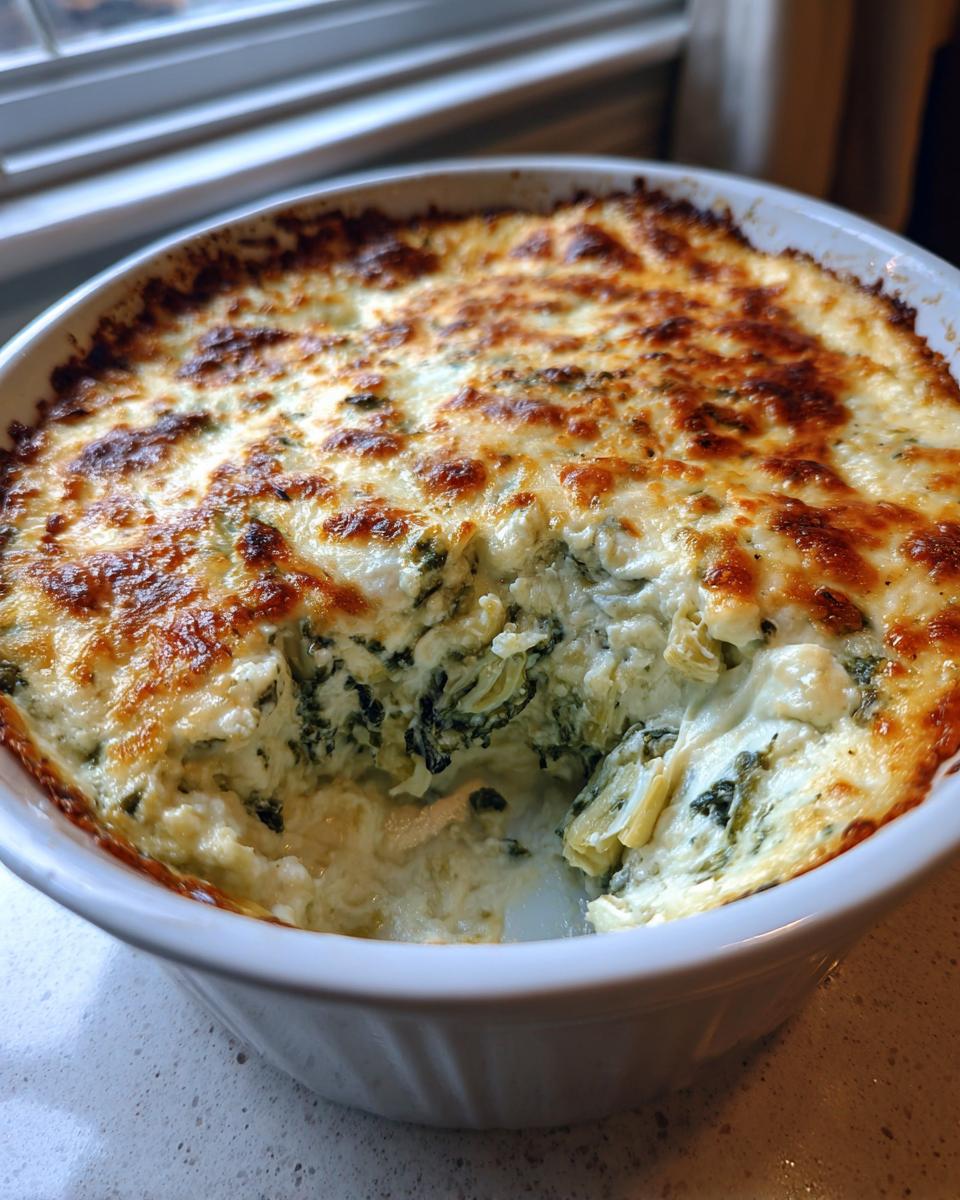 A freshly baked, hot spinach artichoke dip in a white ceramic dish with a bubbly, golden-brown cheese crust.