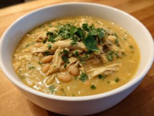 A close-up of a white bowl filled with creamy instant pot white chicken chili, topped with shredded chicken, white beans, and fresh cilantro.