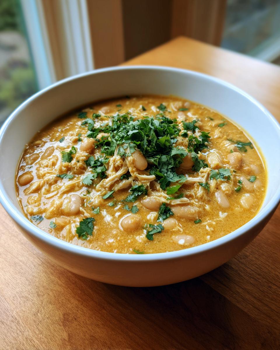 A close-up of a white bowl filled with creamy instant pot white chicken chili, topped generously with fresh cilantro.