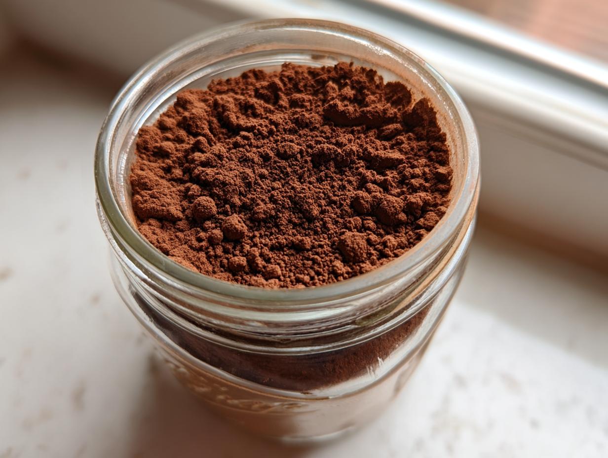 Close-up overhead view of rich brown powder, representing homemade hot cocoa mix, stored in a small glass jar.
