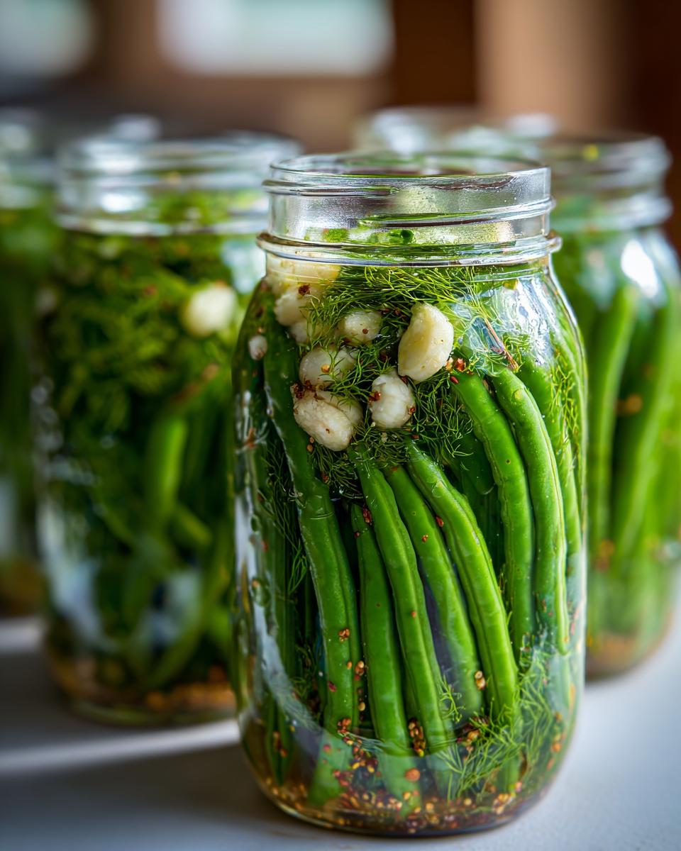 Close-up of a glass jar packed tightly with fresh green beans, dill, garlic cloves, and spices, ready to become dilly beans.