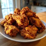 A generous pile of golden brown, crispy fried chicken wings stacked high on a white plate.