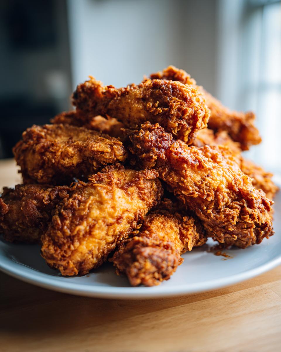 Close-up of a large pile of golden brown, crispy fried chicken wings stacked high on a white plate.