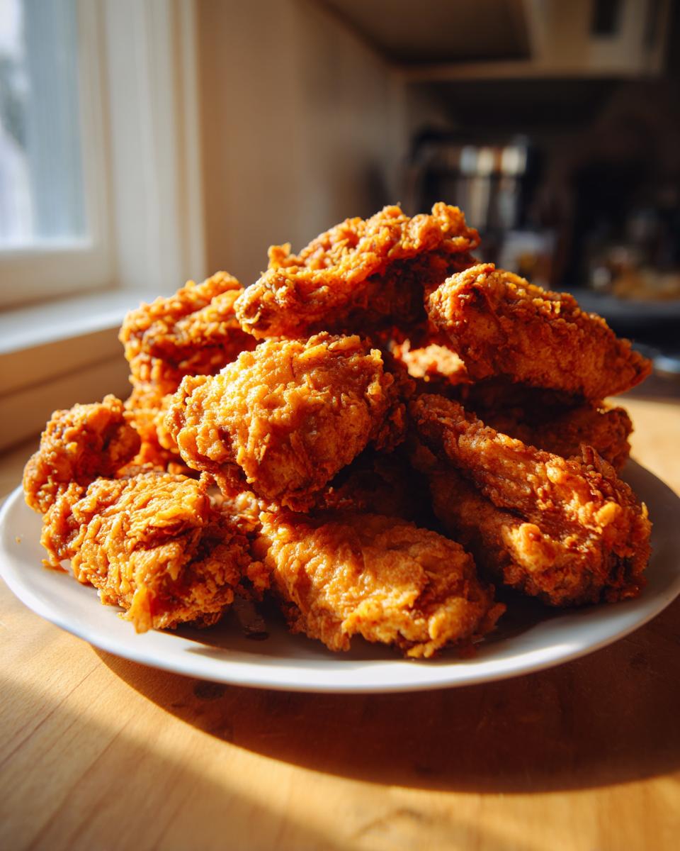 A large, tempting pile of perfectly golden brown fried chicken wings resting on a white plate.