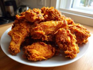 A generous pile of perfectly golden and crispy fried chicken wings served on a white plate.