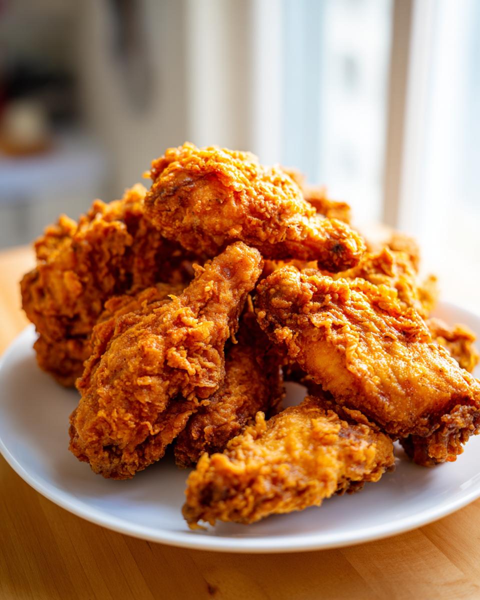 A close-up of a large pile of perfectly golden and crispy fried chicken wings served on a white plate.