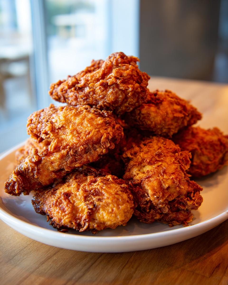 A close-up stack of golden brown, crispy fried chicken wings piled high on a white plate.