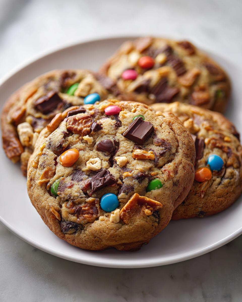 Close-up of several thick, loaded kitchen sink cookies piled on a white plate, featuring chocolate chunks and colorful candies.