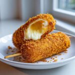 Close-up of a crispy Korean corn dog cut in half showing melted, stretching mozzarella cheese inside.