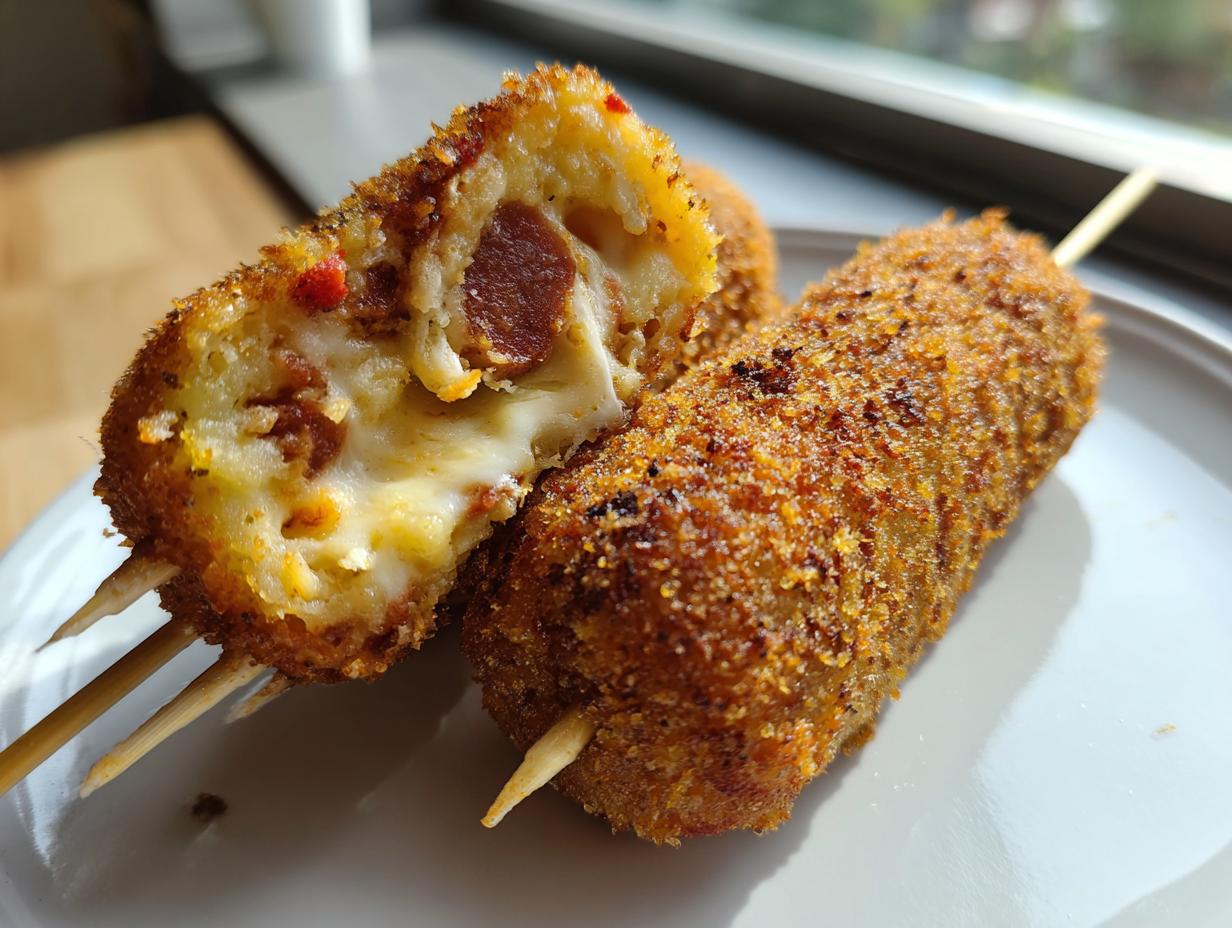 Close-up of a Korean corn dog cut open showing melted cheese and sausage filling, with a crispy, seasoned exterior.