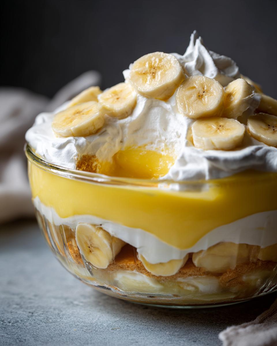 A close-up of a glass bowl filled with layered banana pudding, topped with whipped cream and fresh banana slices.