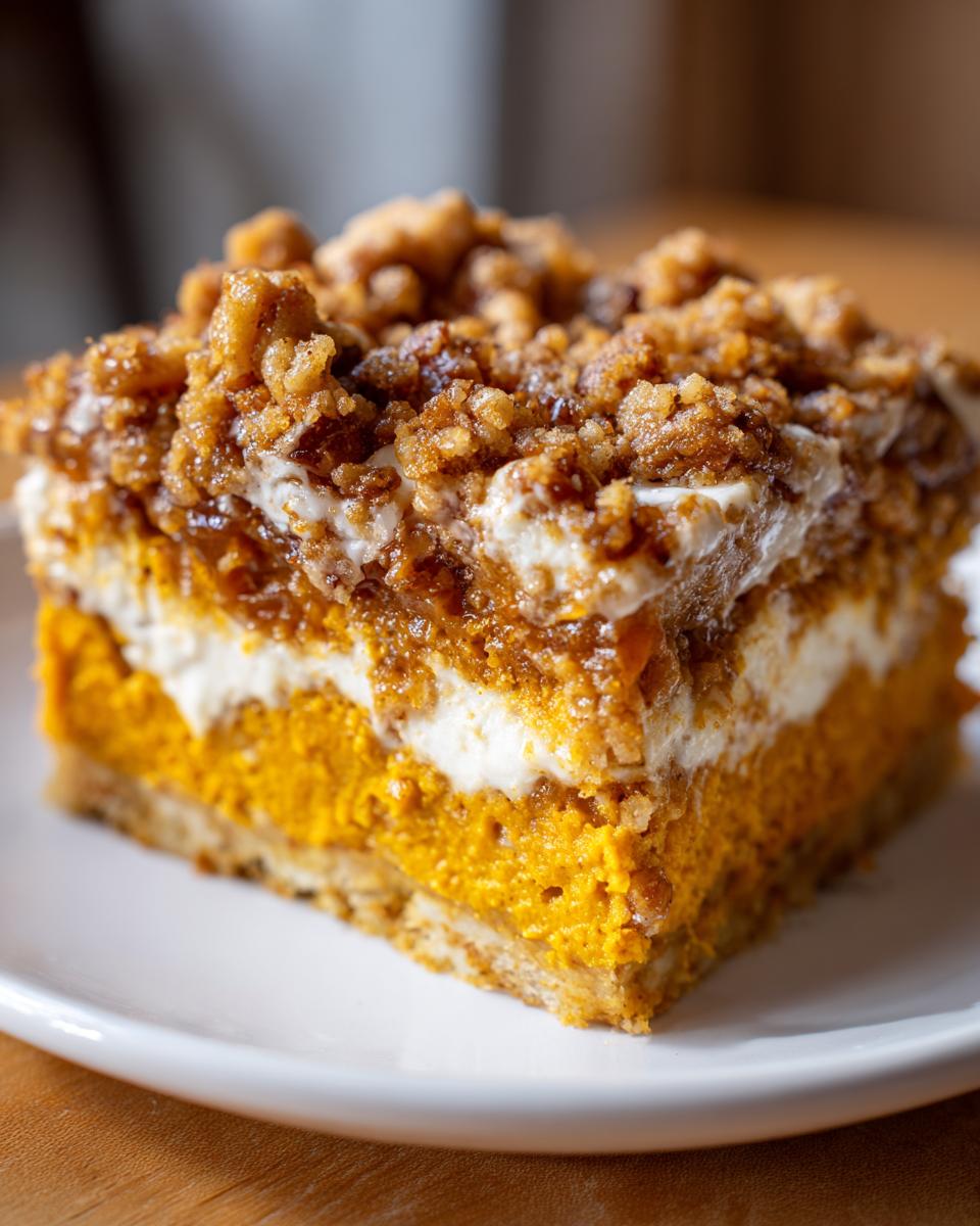 A close-up view of a layered square slice of pumpkin crunch dessert on a white plate.