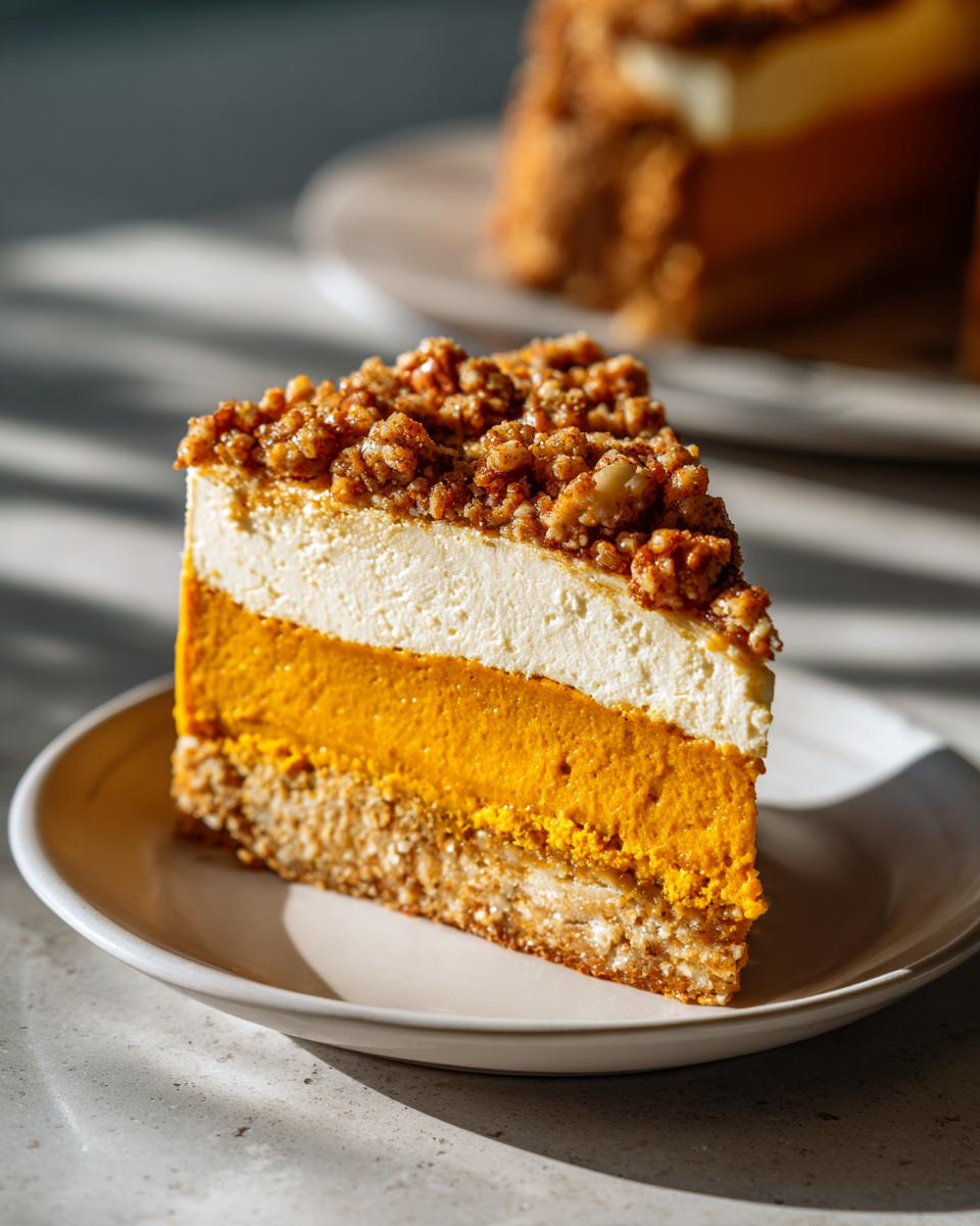 A layered slice of pumpkin crunch dessert featuring a crust, bright orange pumpkin layer, white cream layer, and crunchy topping.