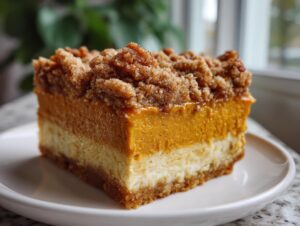 A thick slice of layered pumpkin crunch dessert featuring cheesecake, pumpkin filling, and a streusel topping.
