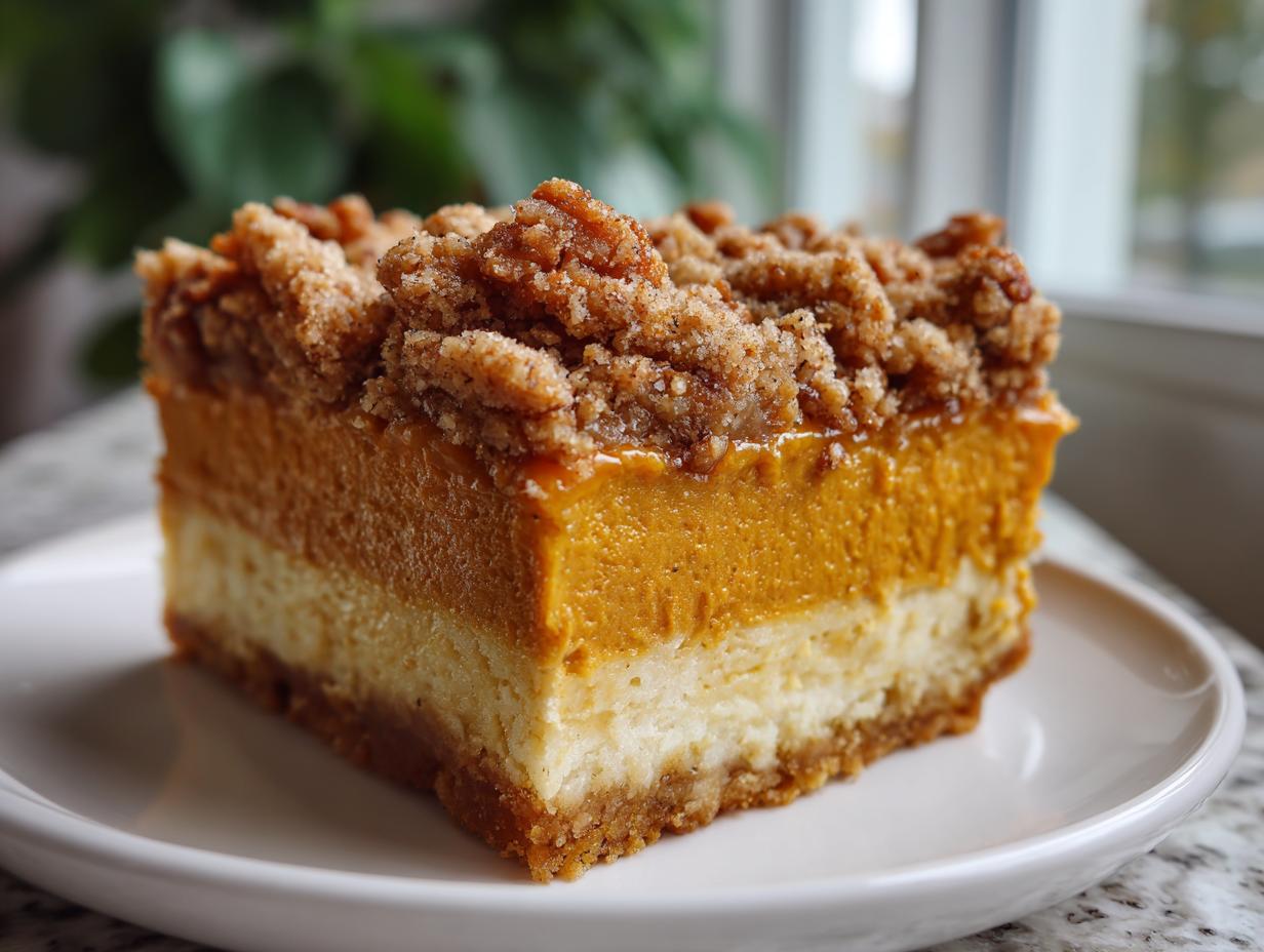 A thick slice of layered pumpkin crunch dessert featuring cheesecake, pumpkin filling, and a streusel topping.