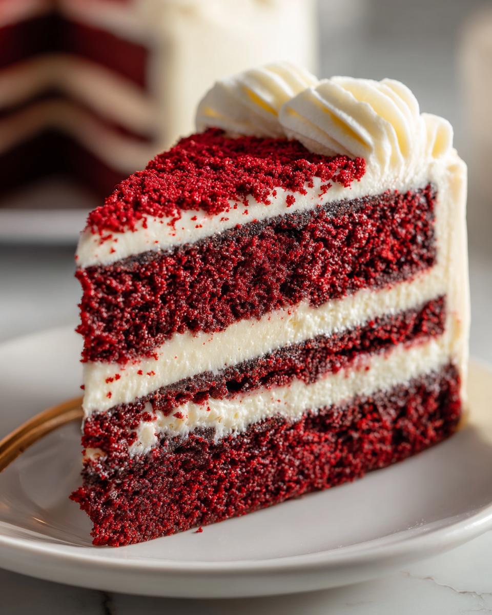 Close-up of a perfect slice of layered red velvet cheesecake showing three deep red cake layers and thick white frosting.