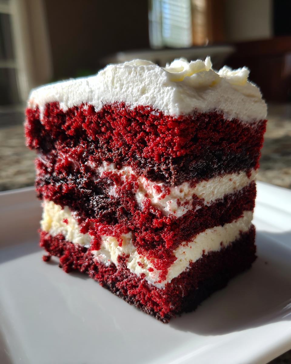 Close-up of a tall slice of red velvet cheesecake showing alternating layers of deep red cake and thick white cream cheese filling.