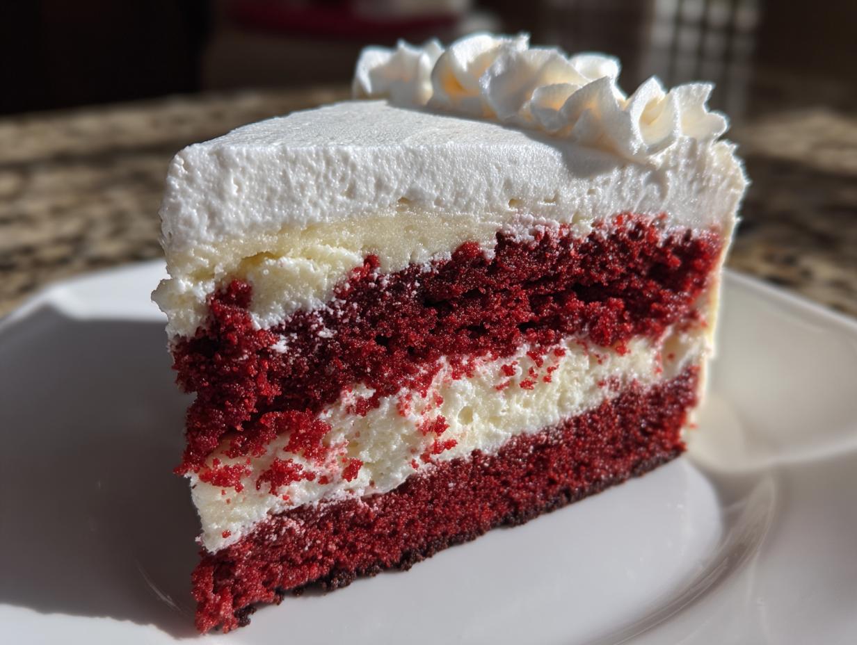 A close-up slice of layered red velvet cheesecake showing rich red cake layers alternating with white creamy filling and topped with whipped frosting.