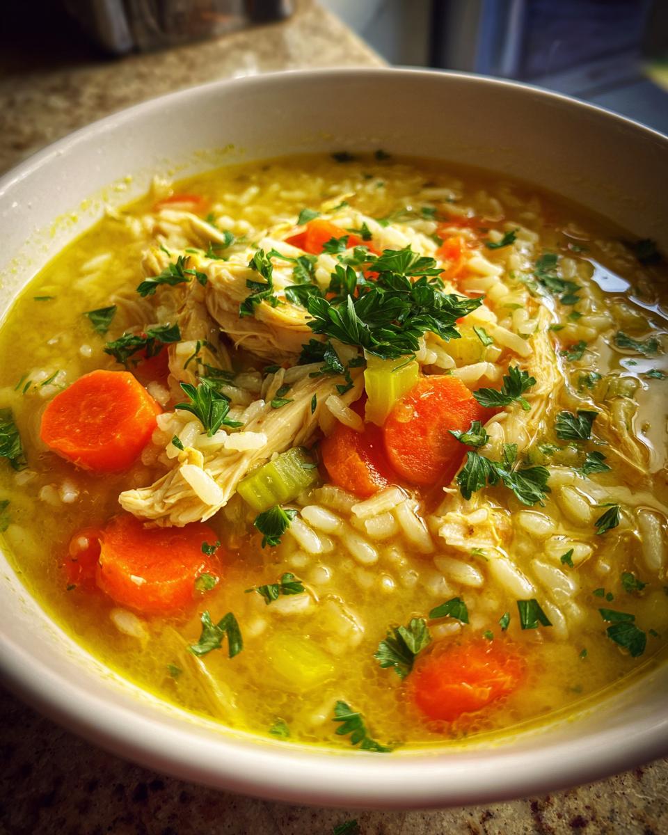 A close-up of a bowl of vibrant yellow Lemon Ginger Turmeric Chicken and Rice Soup with shredded chicken, rice, carrots, and parsley.