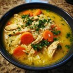 Close-up of Lemon Ginger Turmeric Chicken and Rice Soup with shredded chicken, rice, carrots, and parsley garnish.