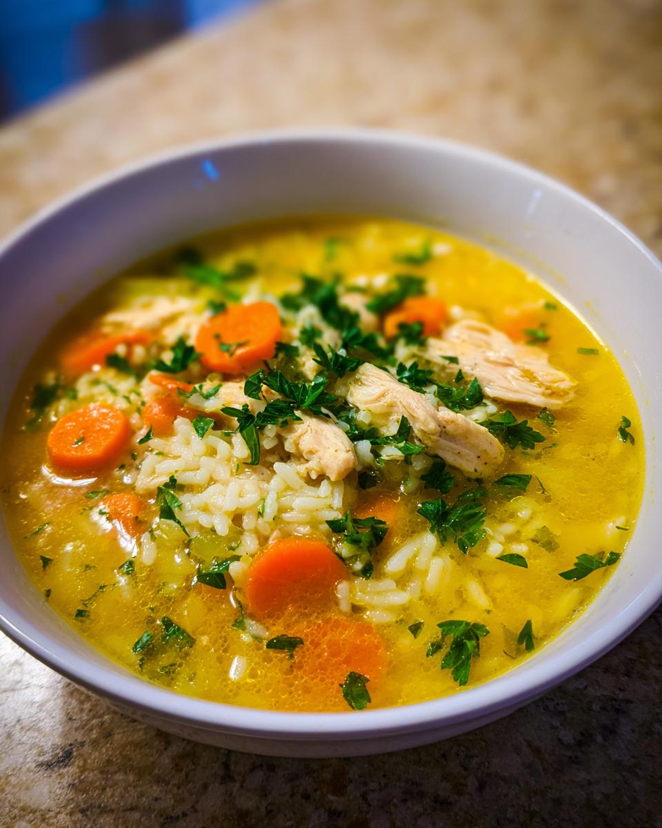 Close-up of a white bowl filled with vibrant yellow Lemon Ginger Turmeric Chicken and Rice Soup, topped with shredded chicken, carrots, and parsley.