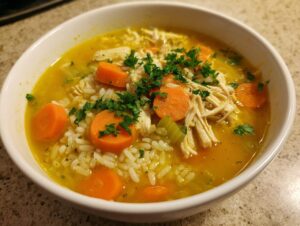 Close-up of a white bowl filled with Lemon Ginger Turmeric Chicken and Rice Soup, featuring shredded chicken, carrots, and rice.