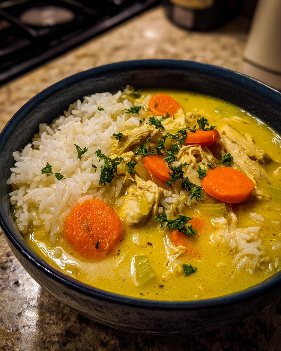 A close-up of Lemon Ginger Turmeric Chicken and Rice Soup with shredded chicken, bright orange carrots, and white rice in a dark blue bowl.
