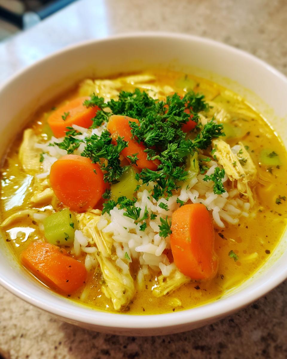 Close-up of a bowl of Lemon Ginger Turmeric Chicken and Rice Soup topped with rice, carrots, and parsley.