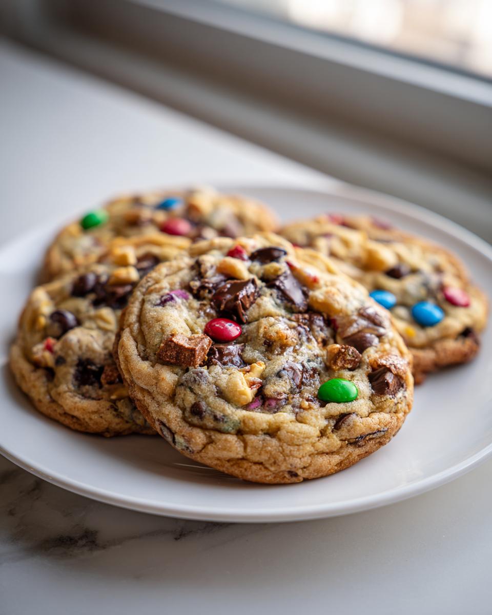 Four freshly baked kitchen sink cookies loaded with chocolate chunks and colorful candies, resting on a white plate.