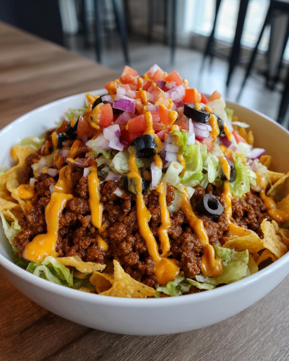 A generous serving of taco salad featuring seasoned ground beef, lettuce, tortilla chips, and topped with salsa, cheese sauce, and black olives.