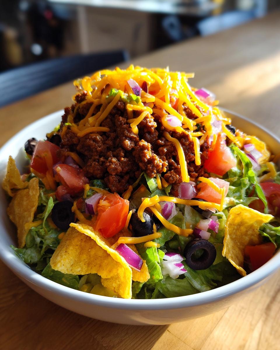 A close-up view of a vibrant taco salad topped with seasoned ground beef, shredded cheddar cheese, tomatoes, red onion, and tortilla chips.