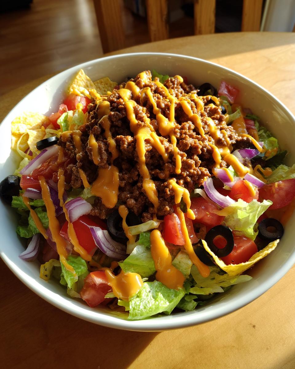 A close-up view of a hearty taco salad featuring seasoned ground beef, lettuce, tomatoes, red onion, black olives, and cheese sauce drizzle.