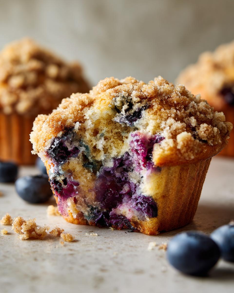 Close-up of a delicious blueberry muffin with a bite taken out, showing moist interior and crumb topping. Perfect for amazing blueberry muffins.