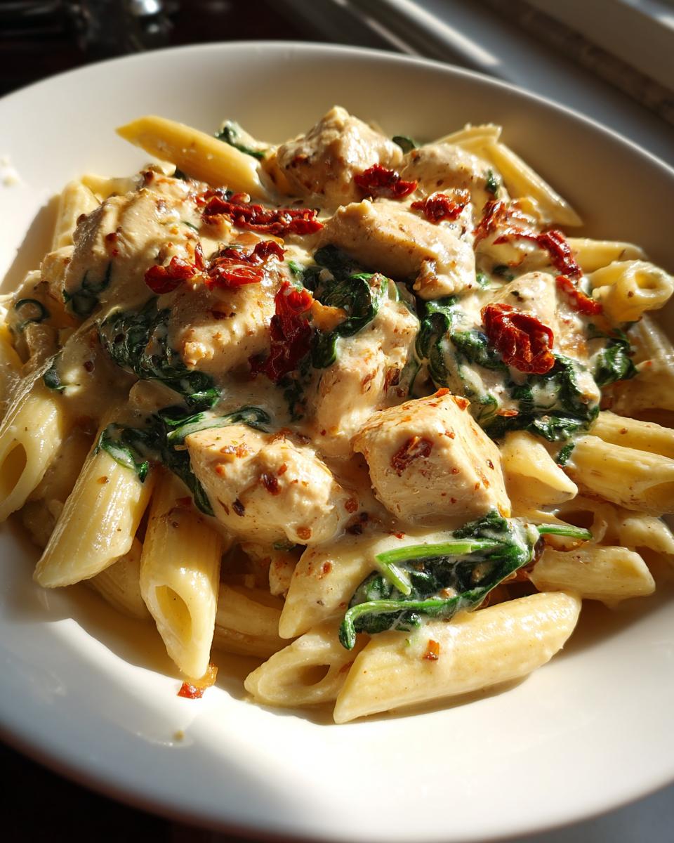 Close-up of a bowl of marry me chicken pasta featuring penne, creamy sauce, chicken chunks, spinach, and sun-dried tomatoes.
