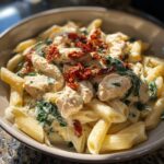 Close-up of a bowl of marry me chicken pasta featuring penne, creamy sauce, chicken chunks, spinach, and sun-dried tomatoes.